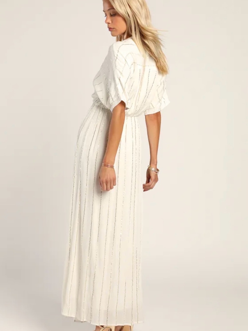 Lulus Goddess Vibes Ivory Gold Striped Dolman Sleeve Maxi Dress - Picture 3 of 6